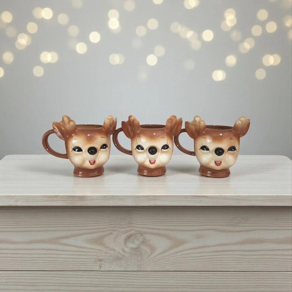 Pottery Barn Lot of 3 Cheeky Reindeer Christmas Holiday Mugs RARE Whimsical